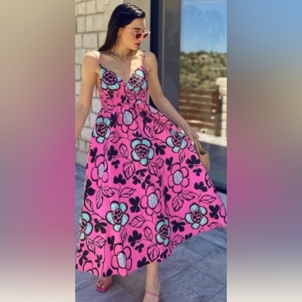 Zara Printed Poplin Midi Dress with Floral Print size S - Picture 1 of 15